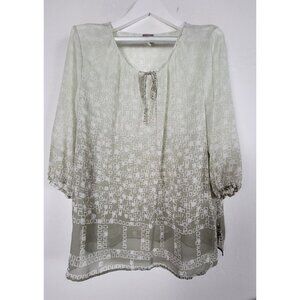 Chico's Women Sheer Sage Green Geometric Tunic Blouse Size 3 Tie-Neck 3/4 Sleeve